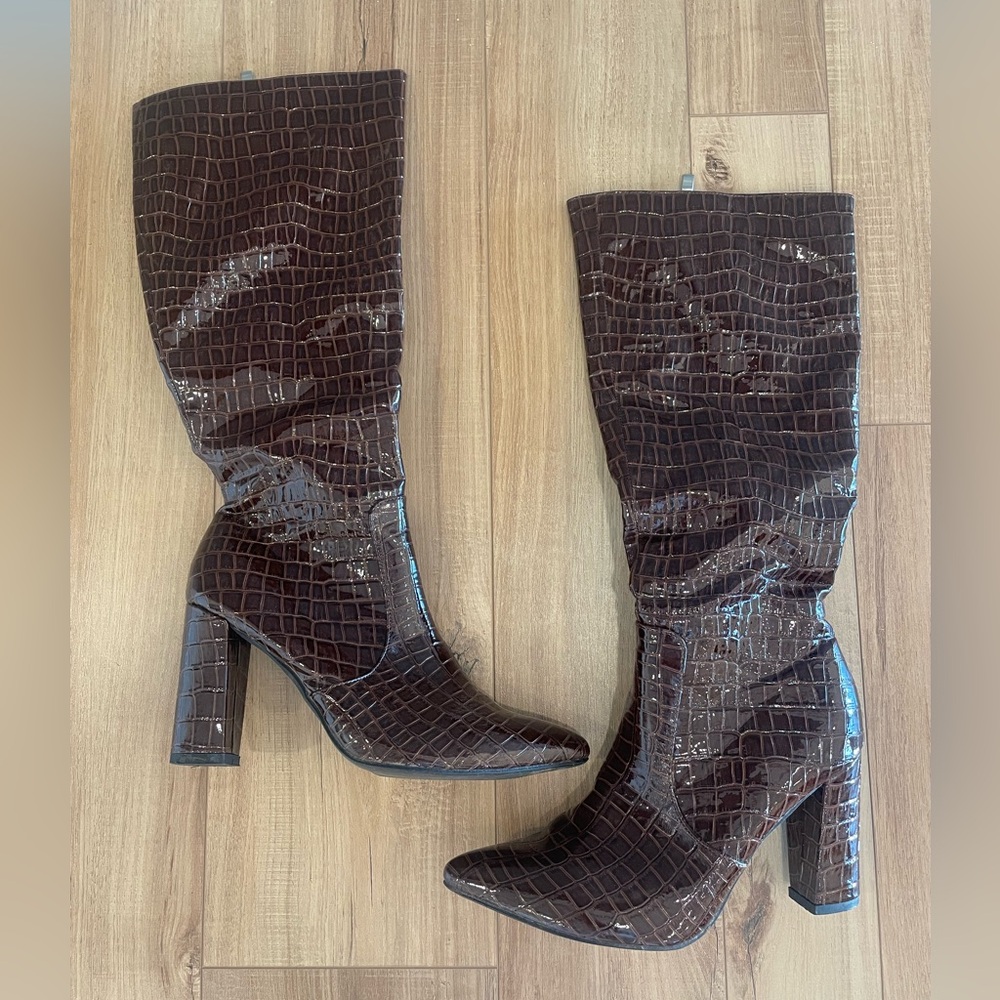 Dark Chocolate Crocodile Knee High Boots | Vegan Leather